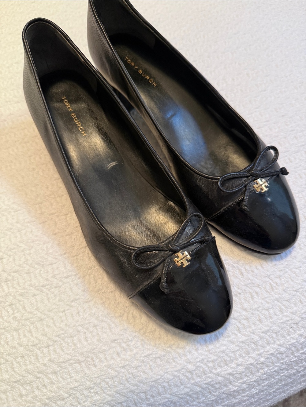 Tory Burch Black Leather Ballet Flats with Gold Logo